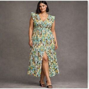 Anthropologie Peregrine Midi Dress 3X Green Floral Tiered Boho Cottagecore